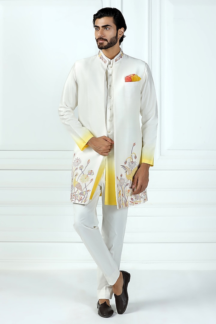 Ivory Viscose Silk Thread Embroidered & Printed Ombre Wedding Indowestern Set by Kushal's Men at Pernia's Pop Up Shop