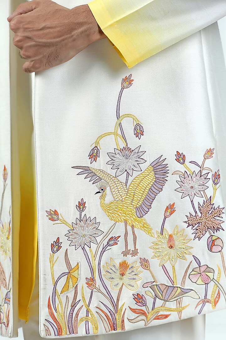 Ivory Viscose Silk Thread Embroidered & Printed Ombre Wedding Indowestern Set by Kushal's Men at Pernia's Pop Up Shop