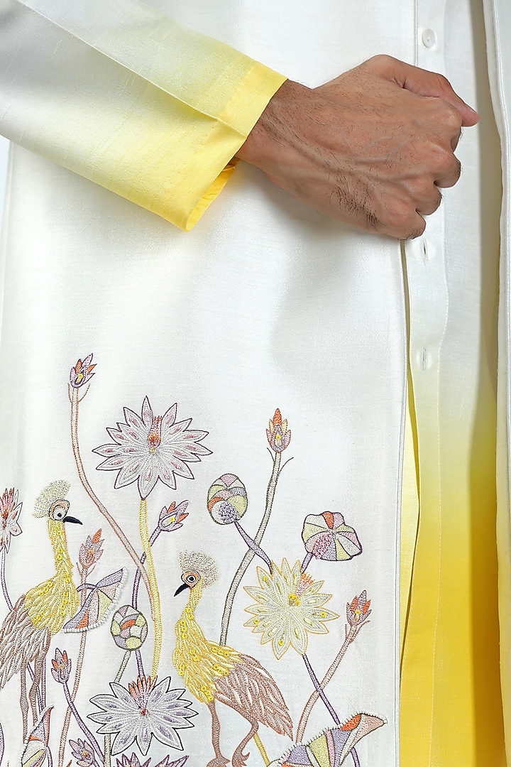 Ivory Viscose Silk Thread Embroidered & Printed Ombre Wedding Indowestern Set by Kushal's Men at Pernia's Pop Up Shop