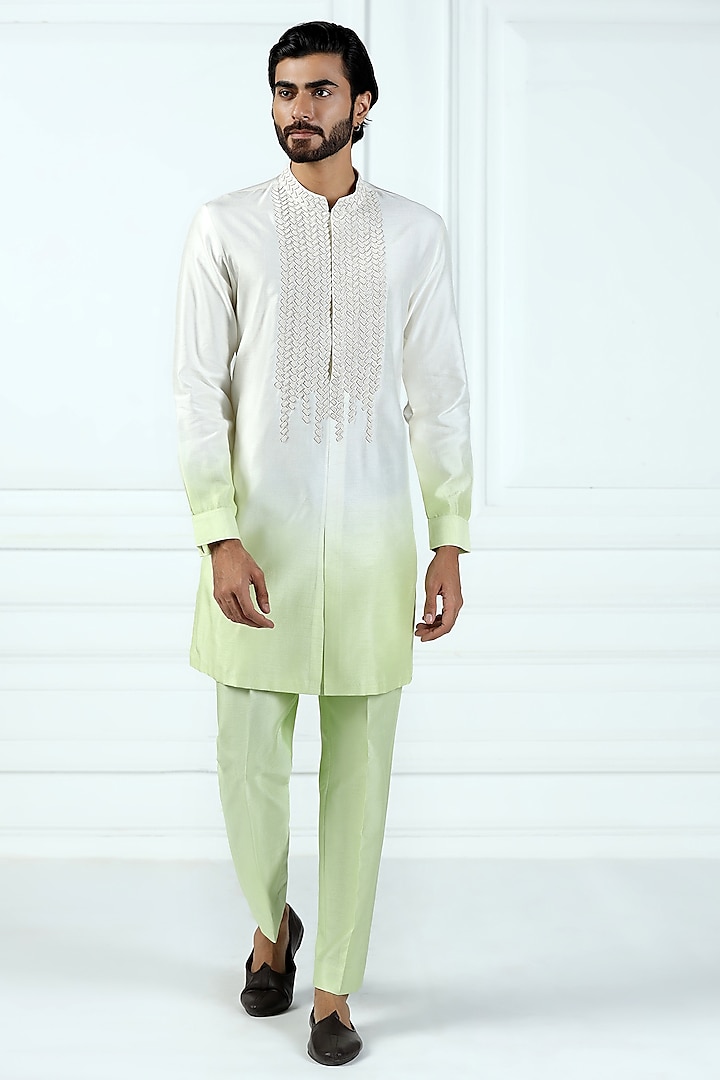 Mint Green Ombre Viscose Silk Motifs Hand Embroidered Kurta Set by Kushal's Men at Pernia's Pop Up Shop