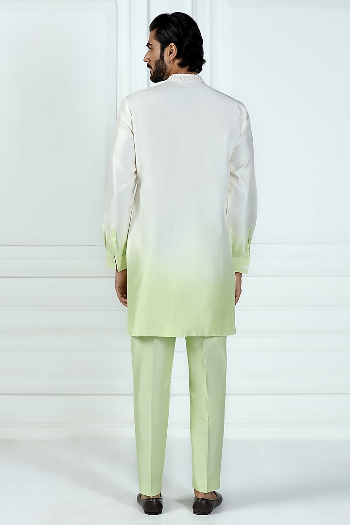 Mint Green Ombre Viscose Silk Motifs Hand Embroidered Kurta Set by Kushal's Men at Pernia's Pop Up Shop