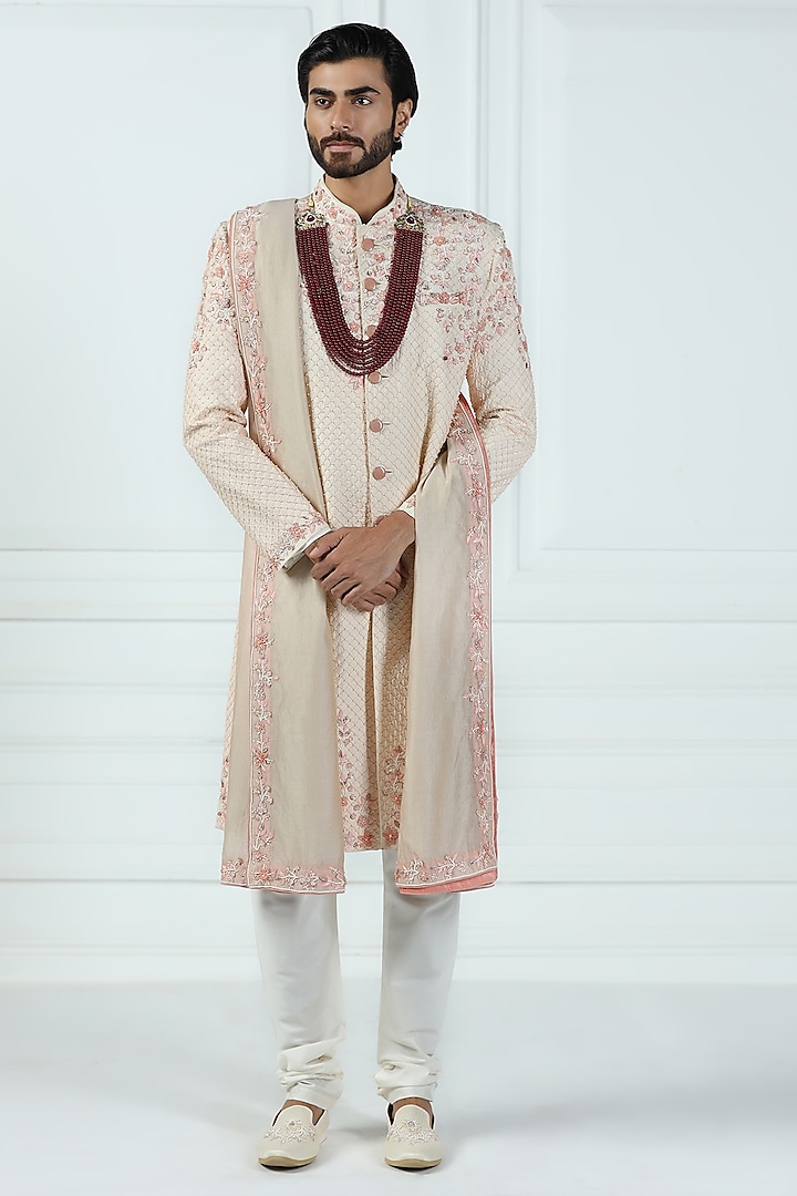 Peach Viscose Silk Floral Hand Embroidered Groom Sherwani Set by Kushal's Men at Pernia's Pop Up Shop