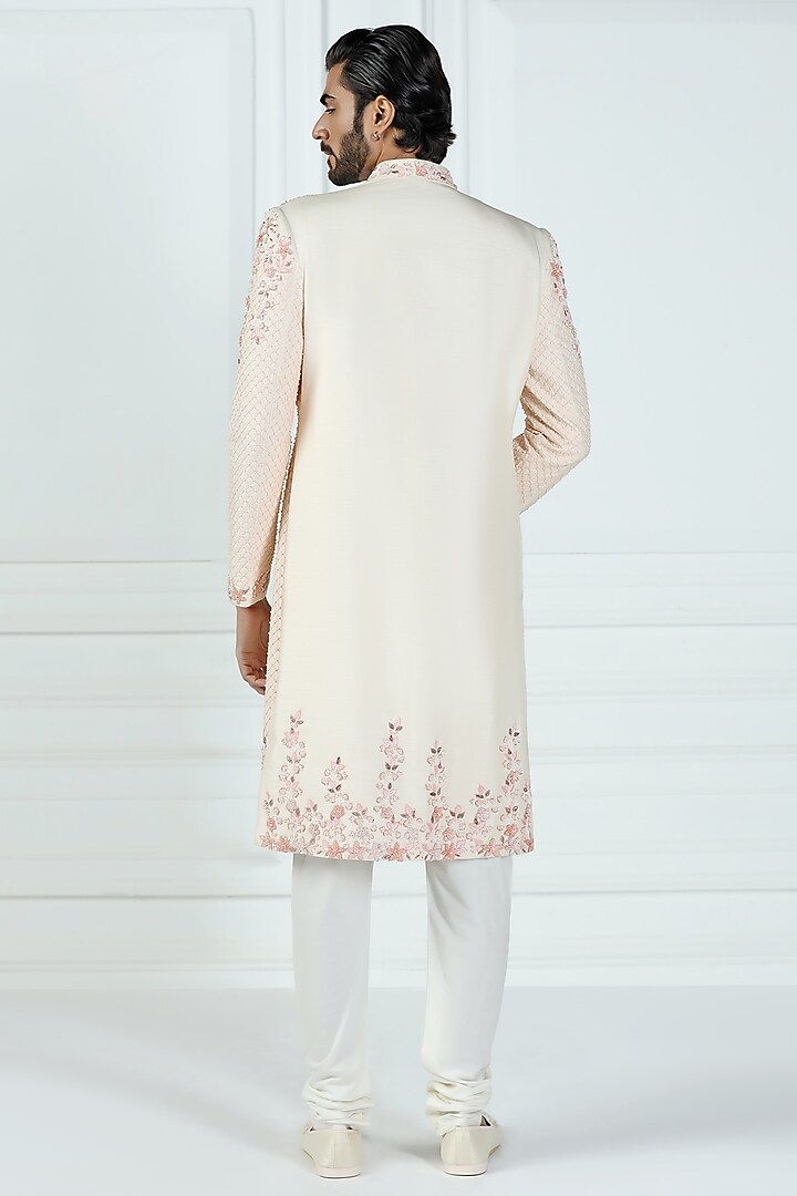 Peach Viscose Silk Floral Hand Embroidered Groom Sherwani Set by Kushal's Men at Pernia's Pop Up Shop