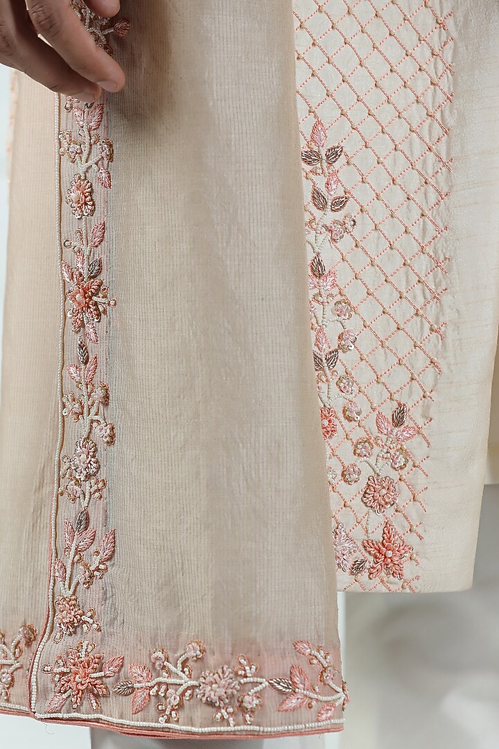 Peach Viscose Silk Floral Hand Embroidered Groom Sherwani Set by Kushal's Men at Pernia's Pop Up Shop