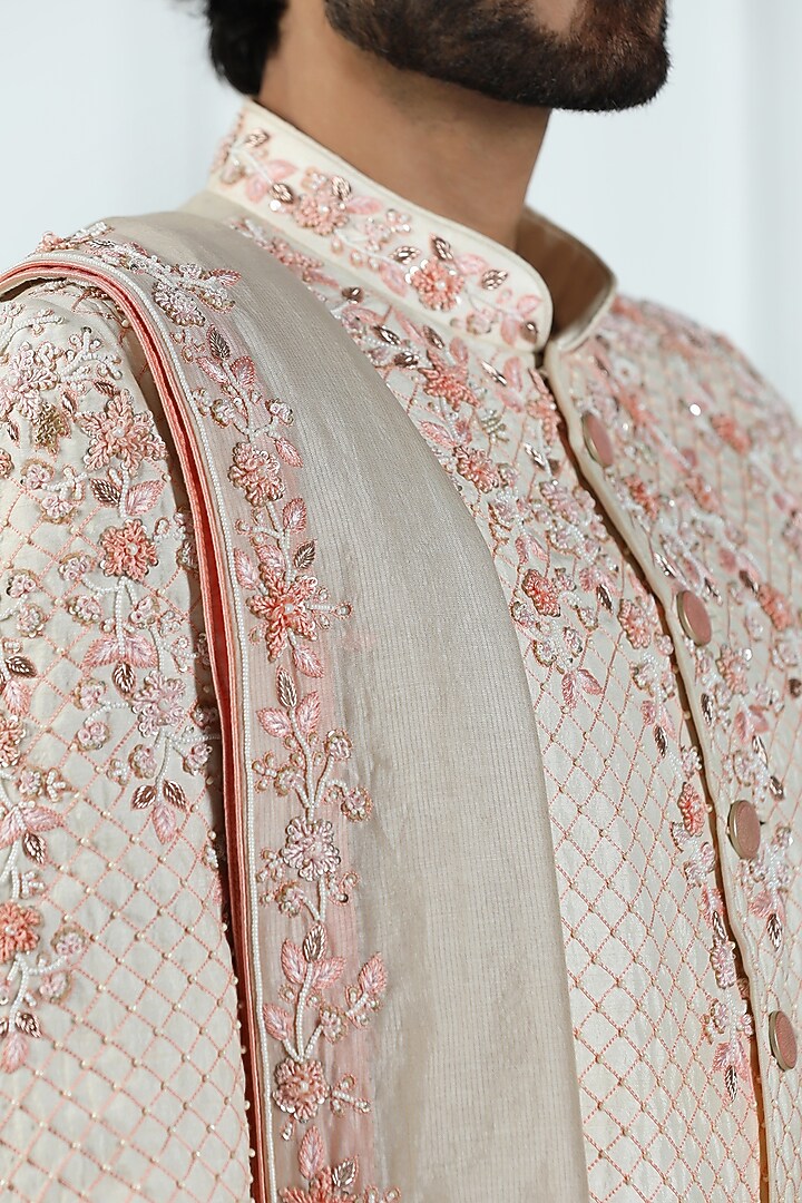 Peach Viscose Silk Floral Hand Embroidered Groom Sherwani Set by Kushal's Men at Pernia's Pop Up Shop