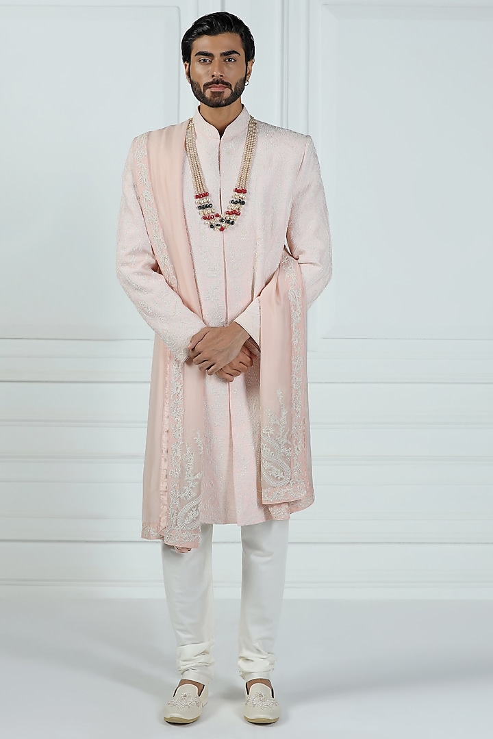 Pastel Pink Raw Silk Kashmiri Embroidered Groom Sherwani Set by Kushal's Men at Pernia's Pop Up Shop