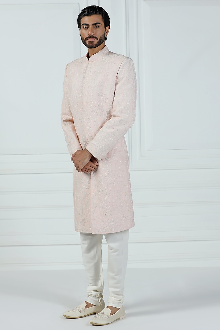 Pastel Pink Raw Silk Kashmiri Embroidered Groom Sherwani Set by Kushal's Men at Pernia's Pop Up Shop