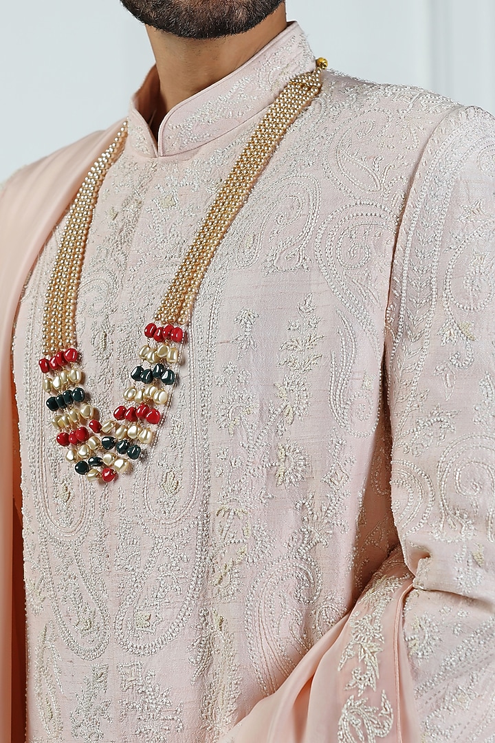 Pastel Pink Raw Silk Kashmiri Embroidered Groom Sherwani Set by Kushal's Men at Pernia's Pop Up Shop