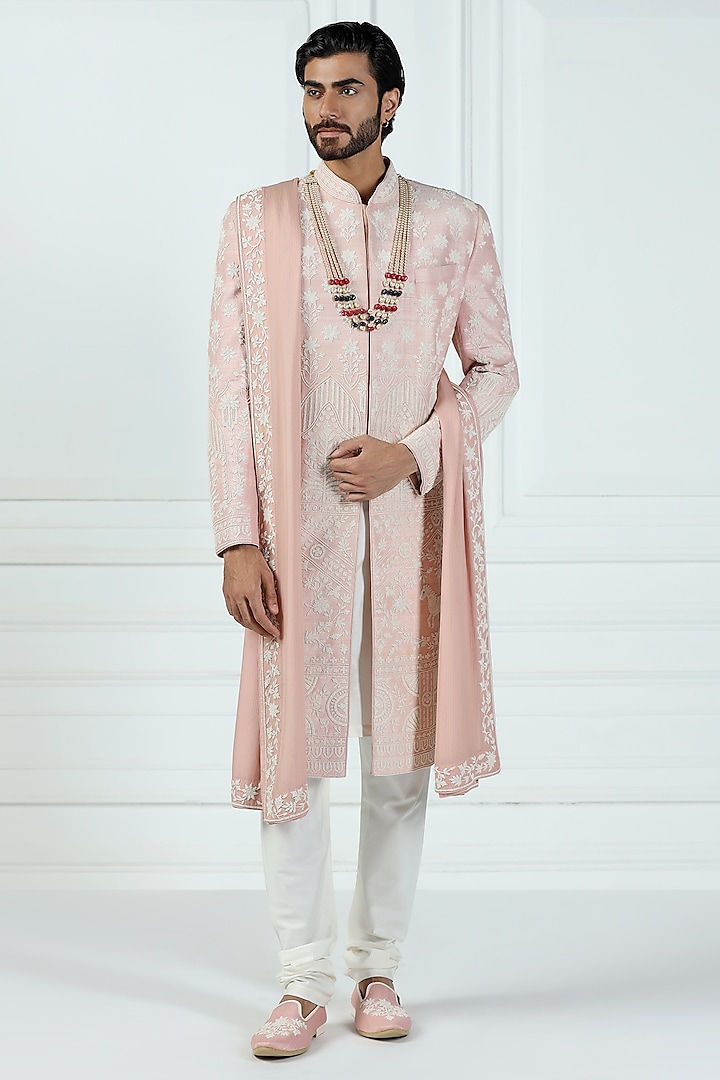 Peach Pink Raw Silk Hand Embroidered Groom Sherwani Set by Kushal's Men at Pernia's Pop Up Shop