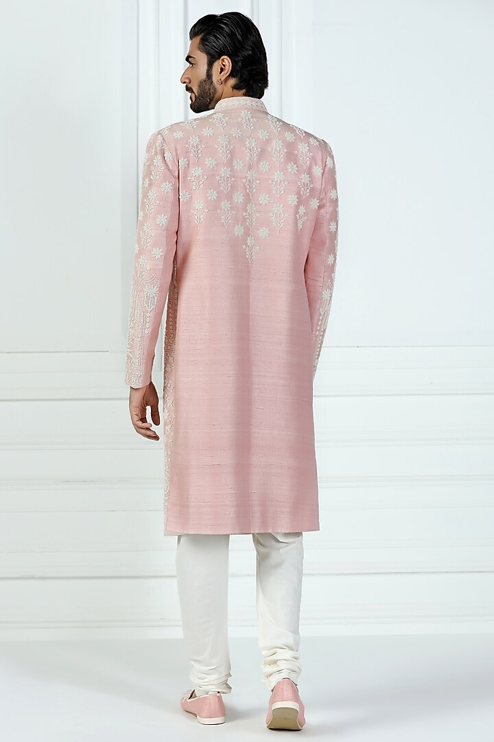 Peach Pink Raw Silk Hand Embroidered Groom Sherwani Set by Kushal's Men at Pernia's Pop Up Shop