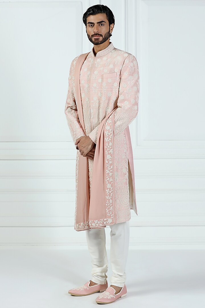 Peach Pink Raw Silk Hand Embroidered Groom Sherwani Set by Kushal's Men at Pernia's Pop Up Shop