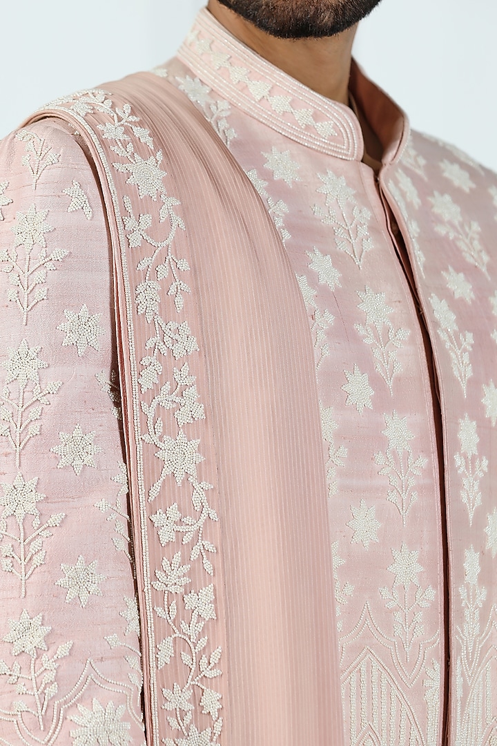 Peach Pink Raw Silk Hand Embroidered Groom Sherwani Set by Kushal's Men at Pernia's Pop Up Shop