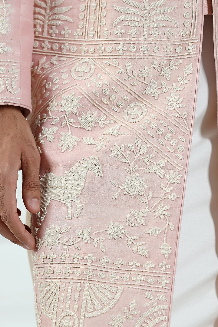 Peach Pink Raw Silk Hand Embroidered Groom Sherwani Set by Kushal's Men at Pernia's Pop Up Shop