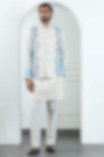 Off-White & Blue Cotton Silk Hand Embroidered Nehru Jacket Set by Kushal's Men