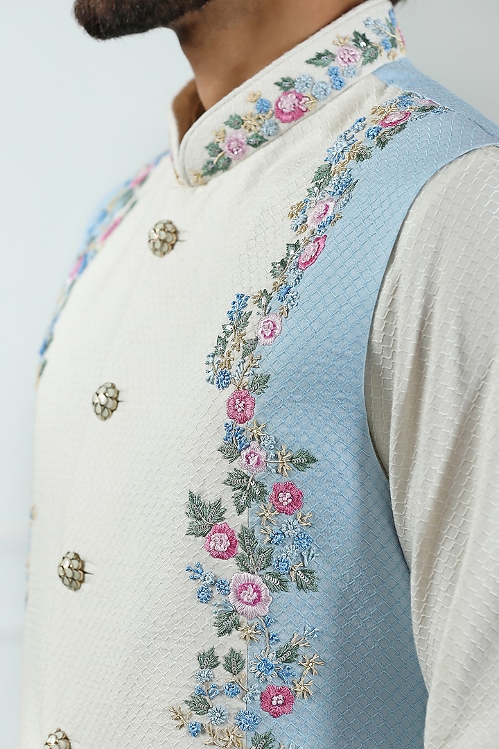 Off-White & Blue Cotton Silk Hand Embroidered Nehru Jacket Set by Kushal's Men at Pernia's Pop Up Shop