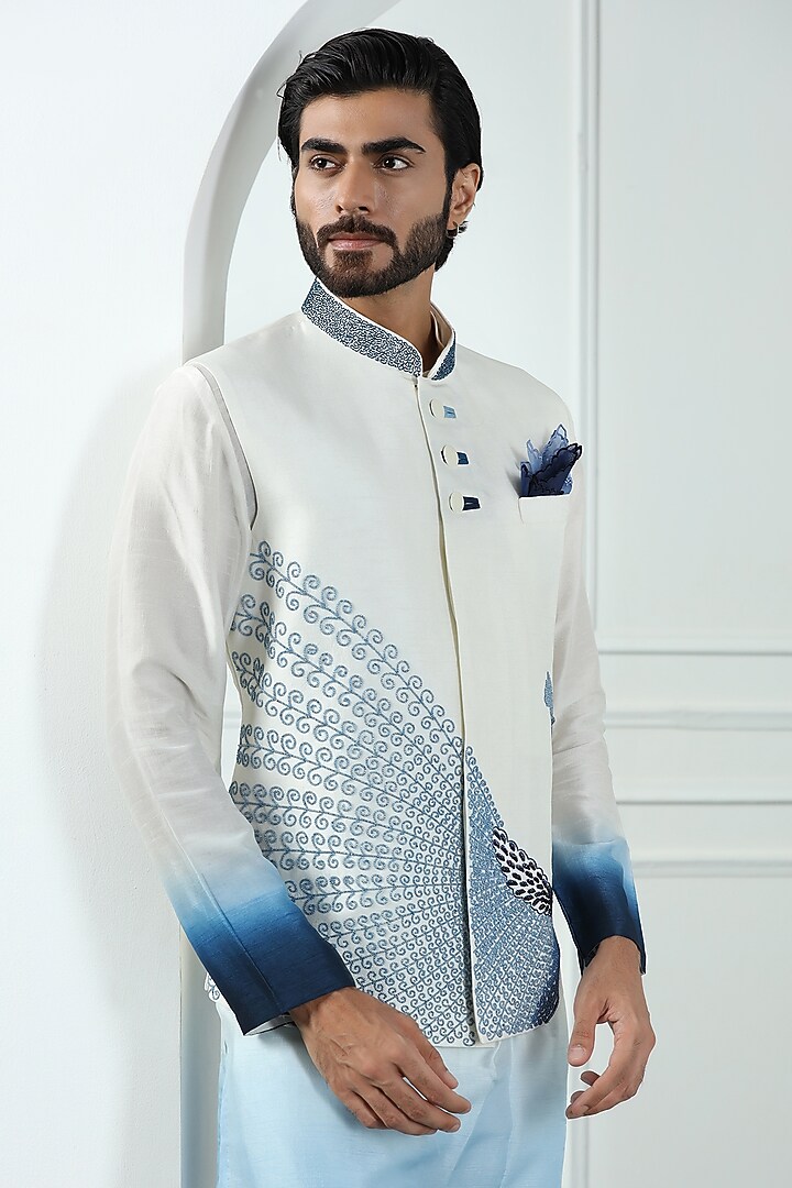 Ivory Viscose Silk Hand Embroidered Nehru Jacket Set by Kushal's Men at Pernia's Pop Up Shop
