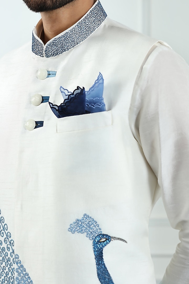 Ivory Viscose Silk Hand Embroidered Nehru Jacket Set by Kushal's Men at Pernia's Pop Up Shop