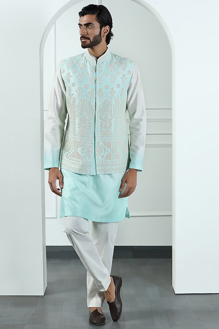 Bermuda Blue Viscose Silk Hand Embroidered Nehru Jacket Set by Kushal's Men