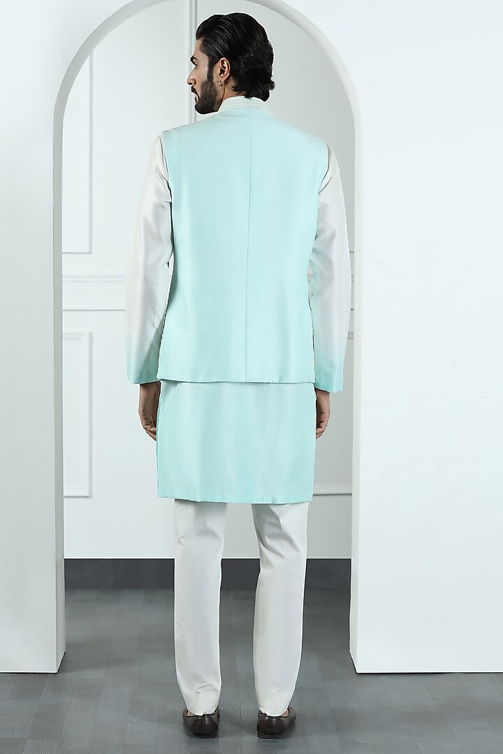 Bermuda Blue Viscose Silk Hand Embroidered Nehru Jacket Set by Kushal's Men at Pernia's Pop Up Shop