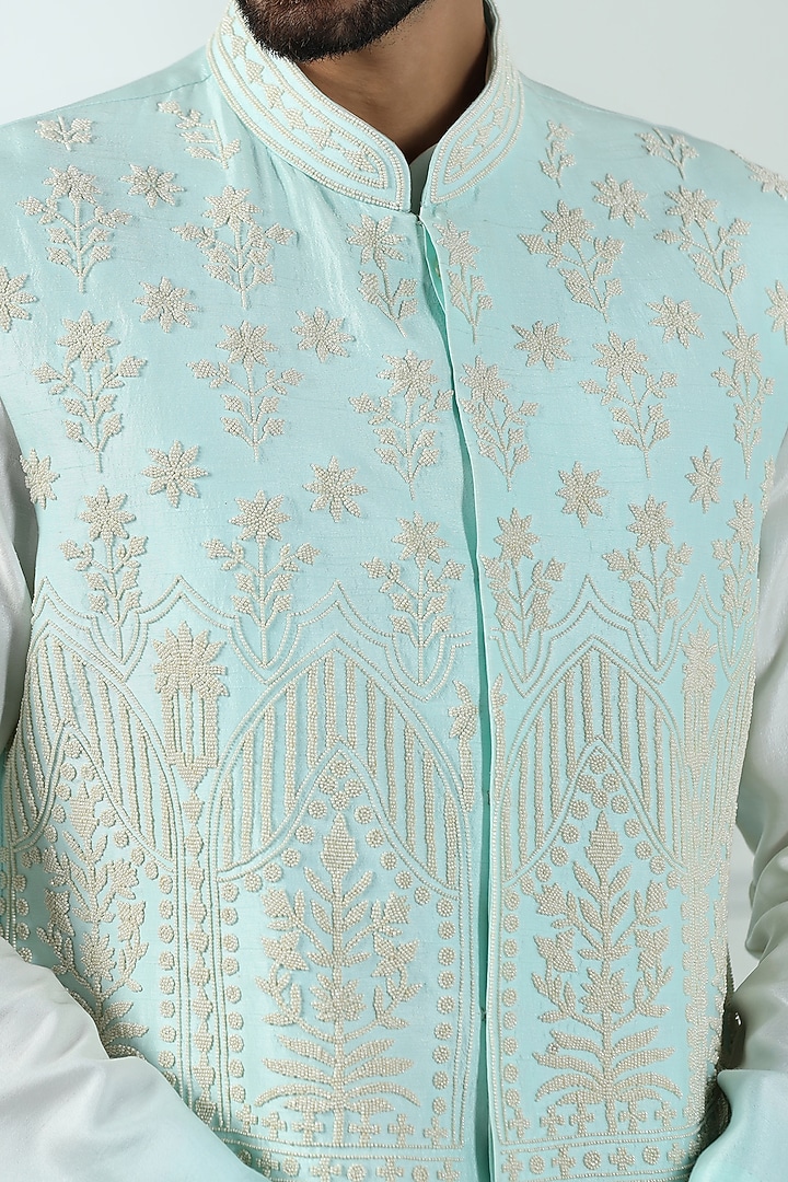 Bermuda Blue Viscose Silk Hand Embroidered Nehru Jacket Set by Kushal's Men at Pernia's Pop Up Shop