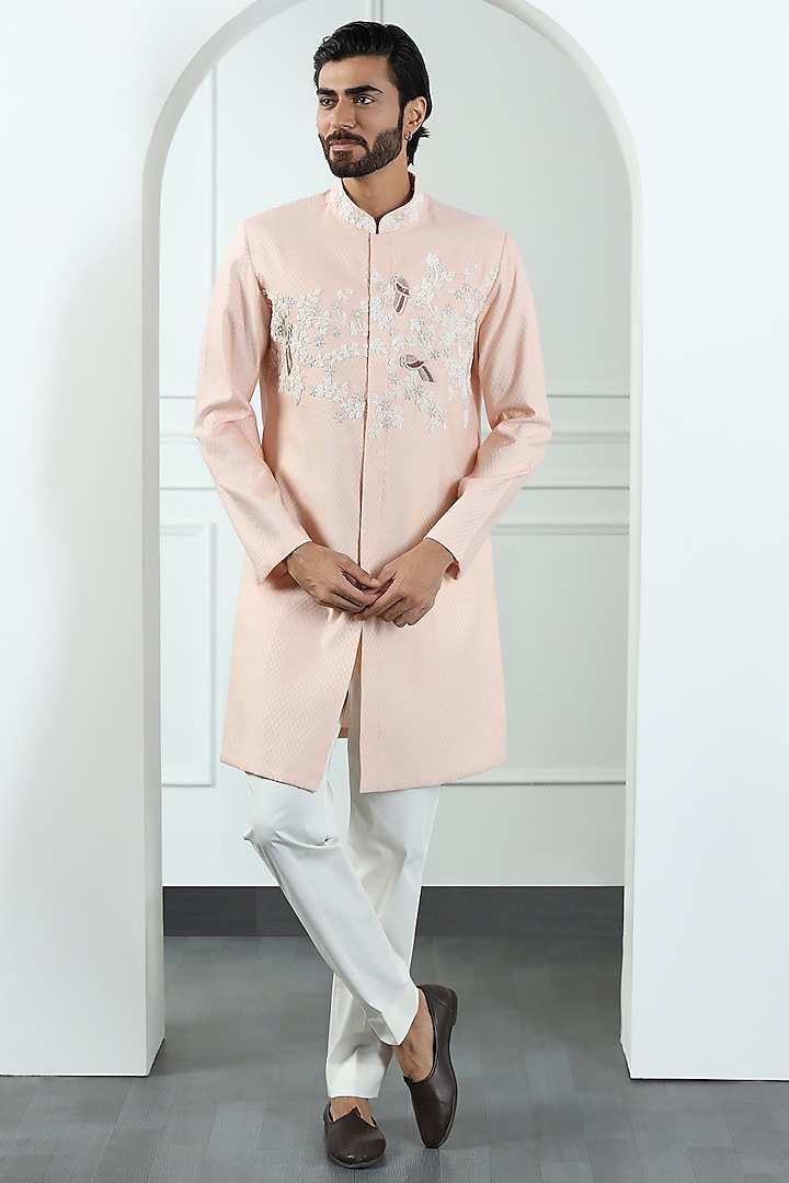 Peach Cotton Silk Hand Embroidered Kurta Set by Kushal's Men