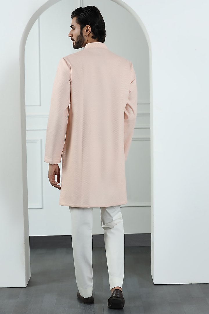 Peach Cotton Silk Hand Embroidered Kurta Set by Kushal's Men at Pernia's Pop Up Shop