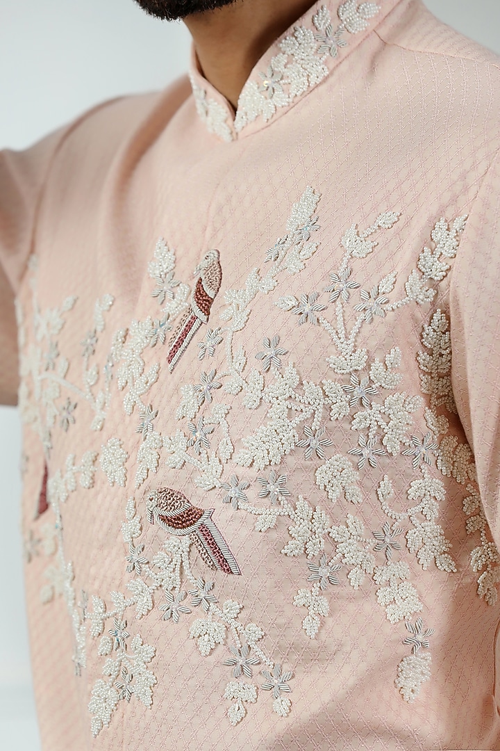 Peach Cotton Silk Hand Embroidered Kurta Set by Kushal's Men at Pernia's Pop Up Shop