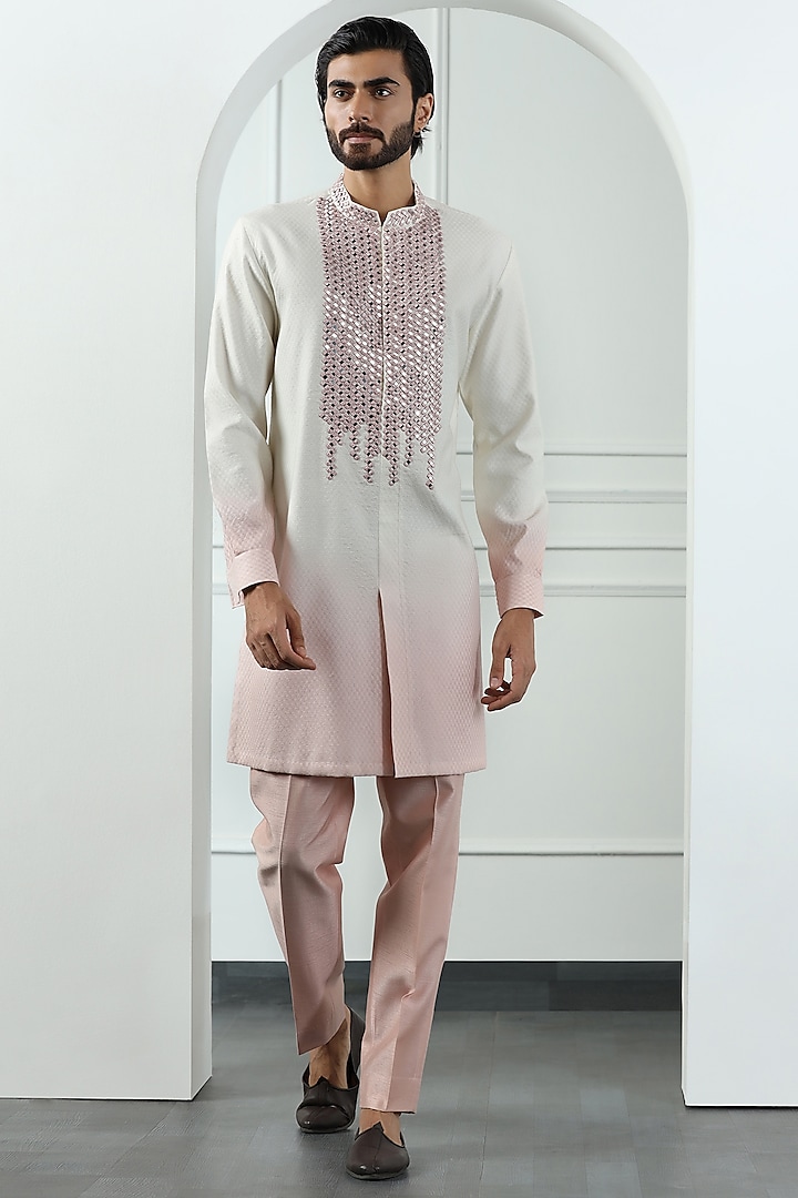 Dusty Pink Cotton Silk Mirror Embroidered Ombre-Dyed Kurta Set by Kushal's Men at Pernia's Pop Up Shop