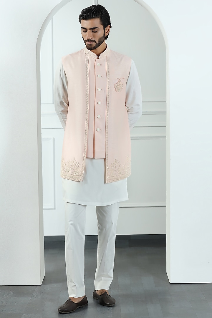 Peach Viscose Silk Hand Embroidered Long Jacket Set by Kushal's Men at Pernia's Pop Up Shop