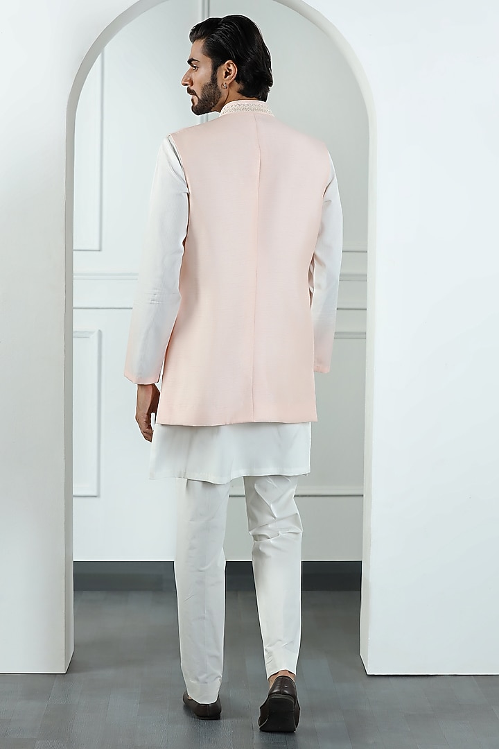 Peach Viscose Silk Hand Embroidered Long Jacket Set by Kushal's Men at Pernia's Pop Up Shop
