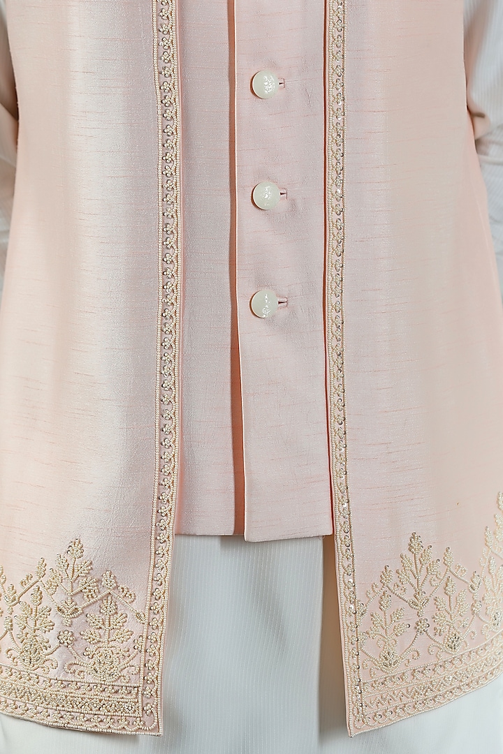 Peach Viscose Silk Hand Embroidered Long Jacket Set by Kushal's Men at Pernia's Pop Up Shop