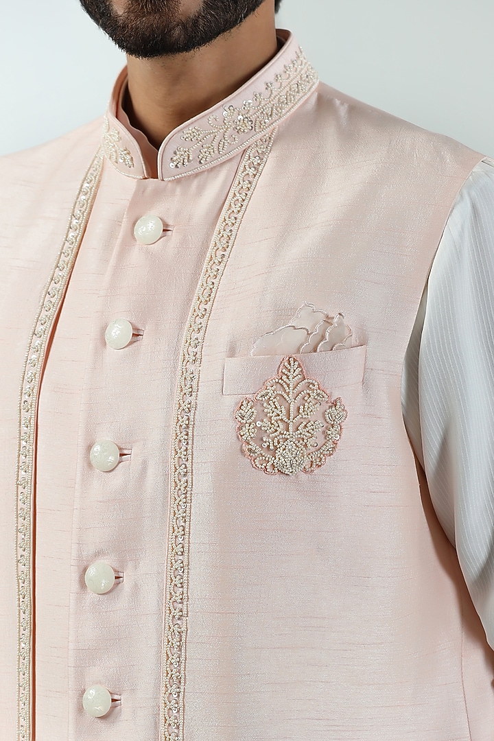 Peach Viscose Silk Hand Embroidered Long Jacket Set by Kushal's Men at Pernia's Pop Up Shop