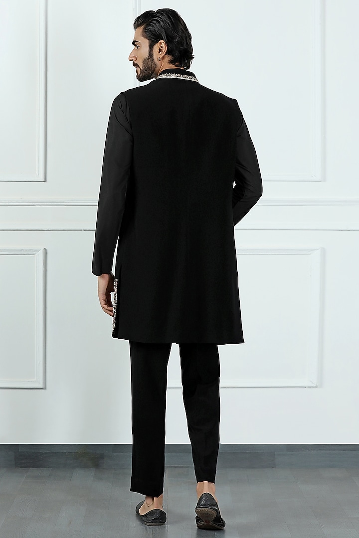 Onyx Black Poly Crepe Hand & Machine Embroidered Wedding Indowestern Set by Kushal's Men at Pernia's Pop Up Shop