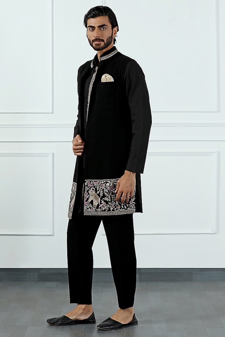 Onyx Black Poly Crepe Hand & Machine Embroidered Wedding Indowestern Set by Kushal's Men at Pernia's Pop Up Shop