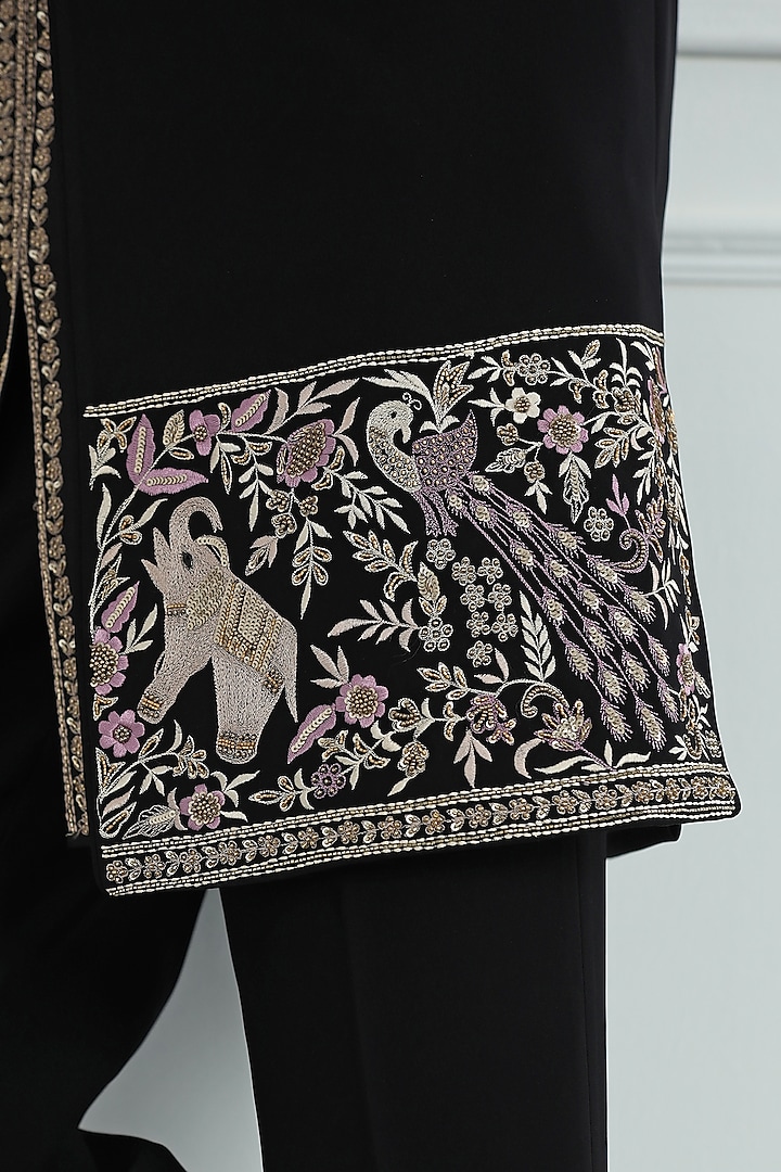 Onyx Black Poly Crepe Hand & Machine Embroidered Wedding Indowestern Set by Kushal's Men at Pernia's Pop Up Shop