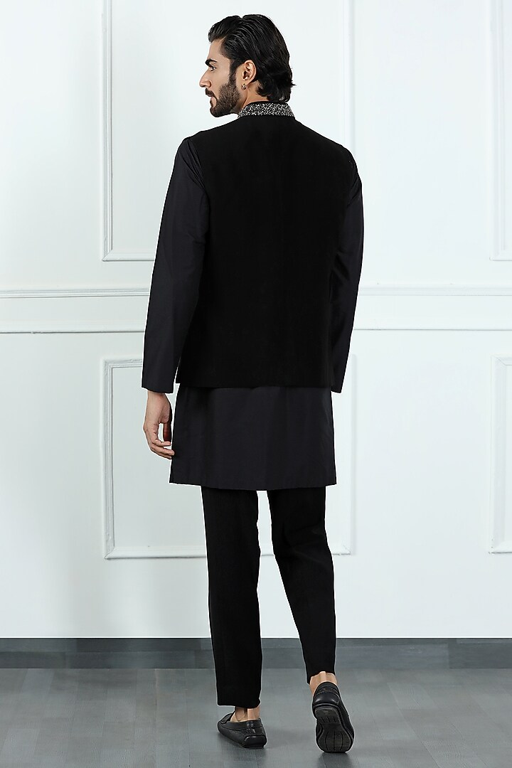 Midnight Black Poly Crepe Hand Embroidered Nehru Jacket Set by Kushal's Men at Pernia's Pop Up Shop