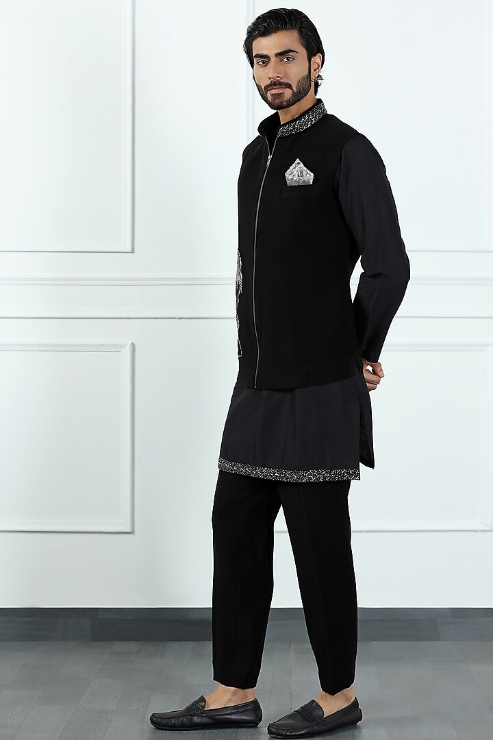 Midnight Black Poly Crepe Hand Embroidered Nehru Jacket Set by Kushal's Men at Pernia's Pop Up Shop