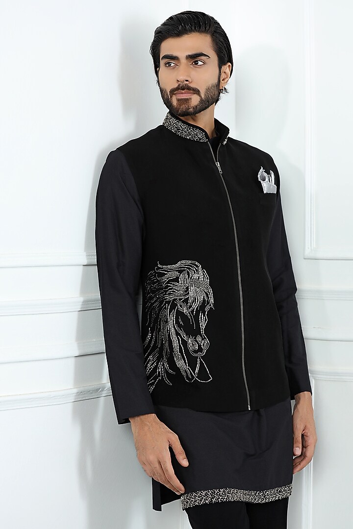 Midnight Black Poly Crepe Hand Embroidered Nehru Jacket Set by Kushal's Men at Pernia's Pop Up Shop