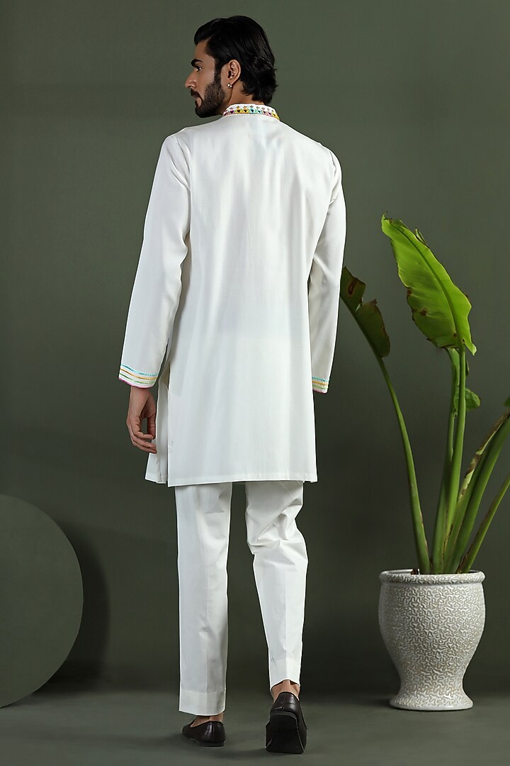 Ivory Viscose Tabby Mirror Hand Embroidered Kurta Set by Kushal's Men at Pernia's Pop Up Shop