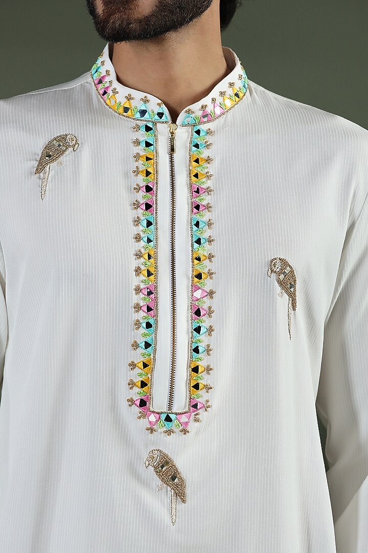 Ivory Viscose Tabby Mirror Hand Embroidered Kurta Set by Kushal's Men at Pernia's Pop Up Shop