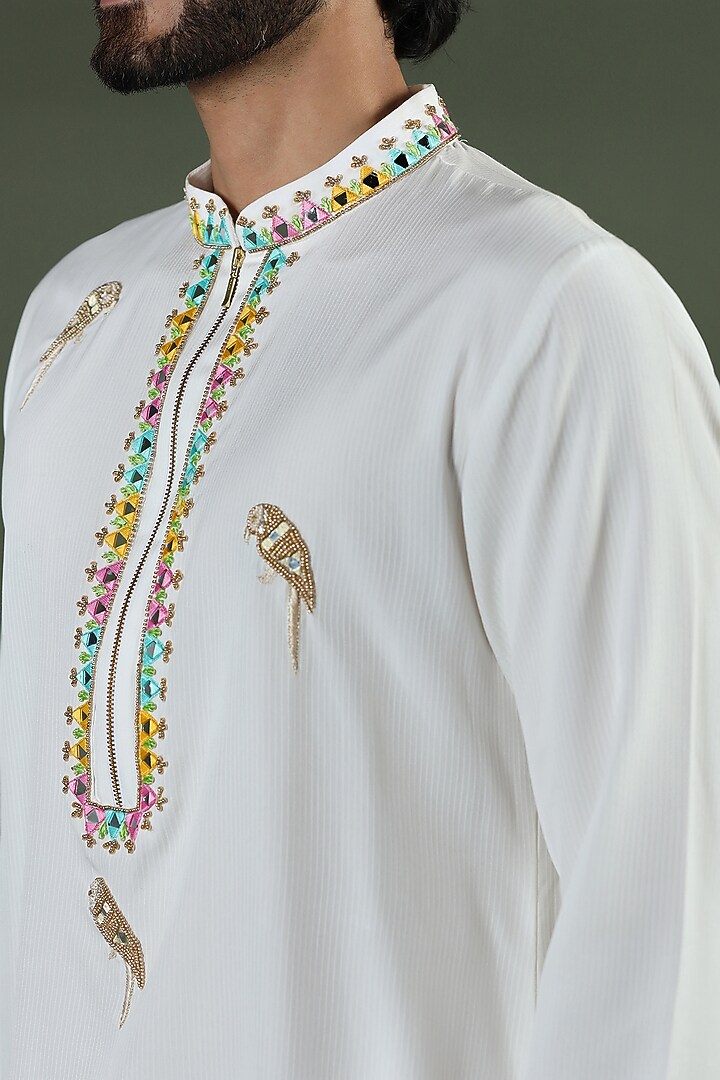 Ivory Viscose Tabby Mirror Hand Embroidered Kurta Set by Kushal's Men at Pernia's Pop Up Shop