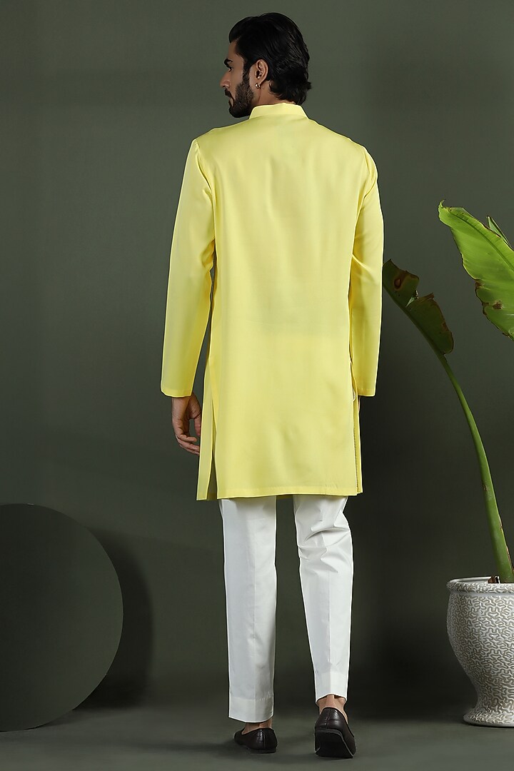 Lemon Yellow Viscose Georgette Thread Hand Embroidered Kurta Set by Kushal's Men at Pernia's Pop Up Shop