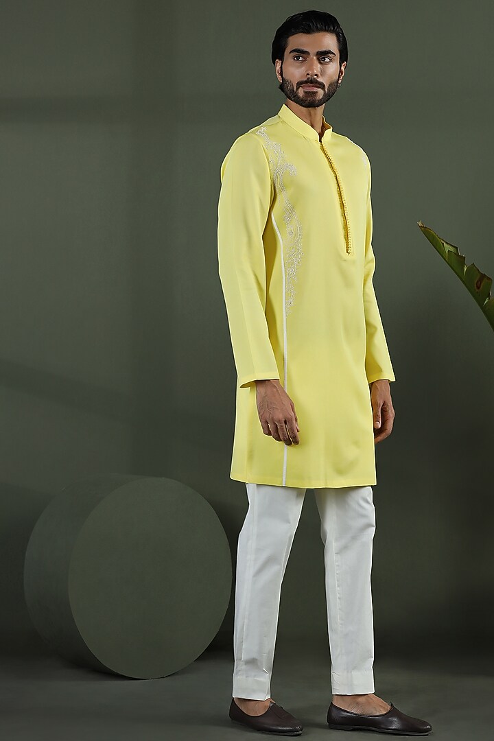 Lemon Yellow Viscose Georgette Thread Hand Embroidered Kurta Set by Kushal's Men at Pernia's Pop Up Shop