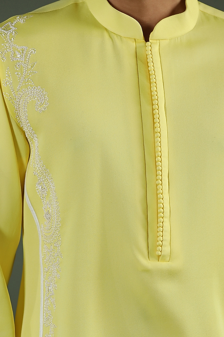 Lemon Yellow Viscose Georgette Thread Hand Embroidered Kurta Set by Kushal's Men at Pernia's Pop Up Shop