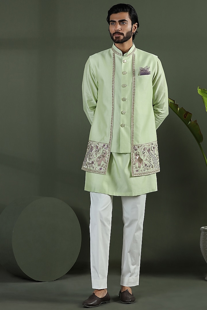 Fern Green Zari Kota Hand & Machine Embroidered Jacket Set by Kushal's Men at Pernia's Pop Up Shop