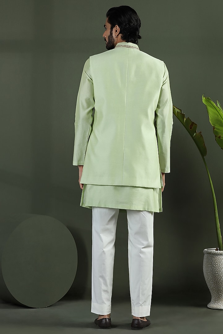 Fern Green Zari Kota Hand & Machine Embroidered Jacket Set by Kushal's Men at Pernia's Pop Up Shop