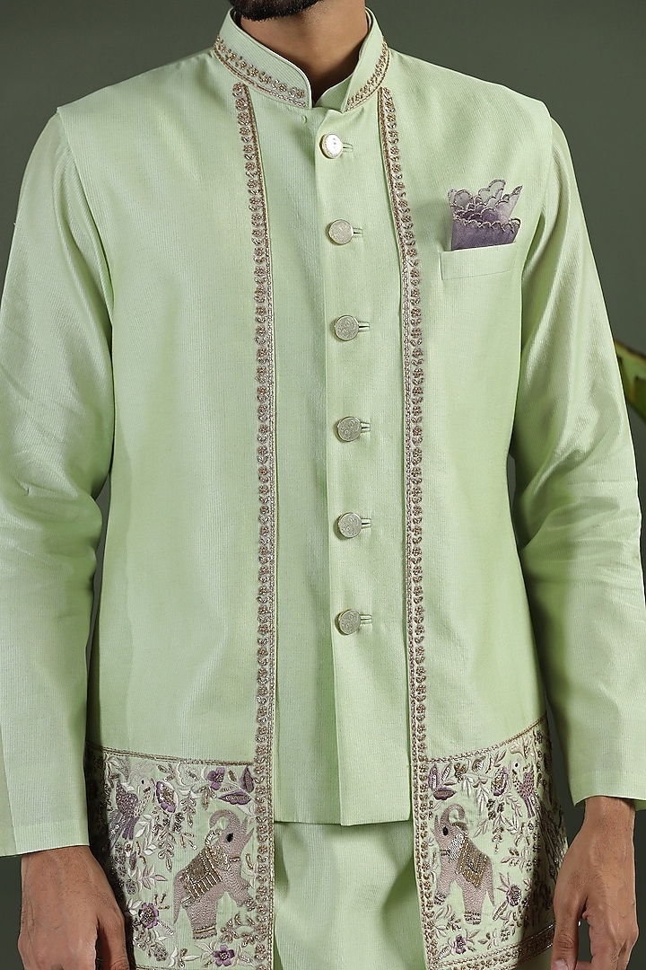 Fern Green Zari Kota Hand & Machine Embroidered Jacket Set by Kushal's Men at Pernia's Pop Up Shop