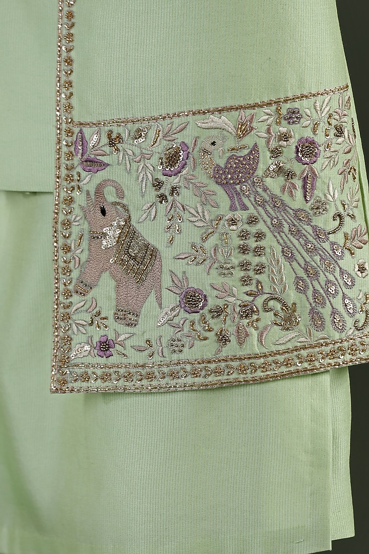 Fern Green Zari Kota Hand & Machine Embroidered Jacket Set by Kushal's Men at Pernia's Pop Up Shop