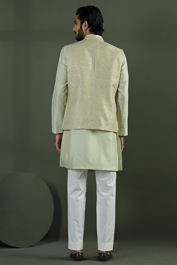 Tea Green Jacquard Hand & Machine Embroidered Nehru Jacket Set by Kushal's Men at Pernia's Pop Up Shop