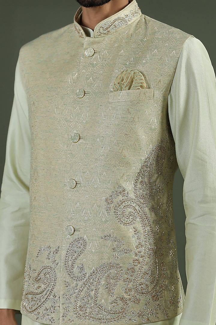 Tea Green Jacquard Hand & Machine Embroidered Nehru Jacket Set by Kushal's Men at Pernia's Pop Up Shop